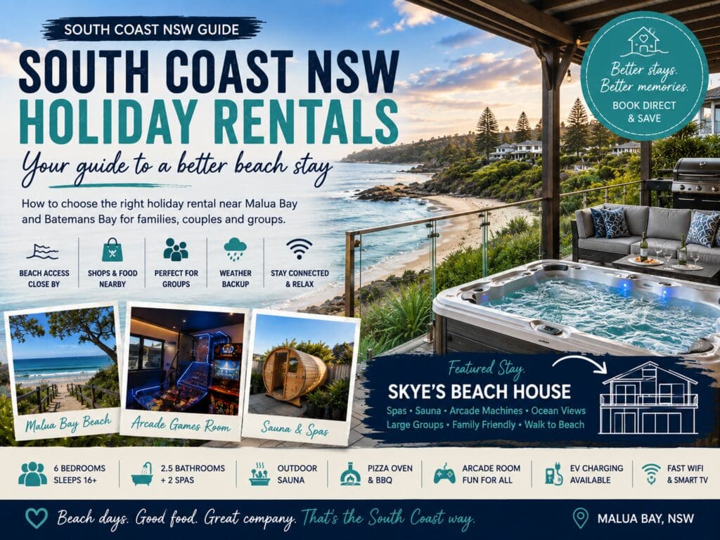 South Coast NSW holiday rentals guide featuring Malua Bay beach, coastal accommodation planning and Skye’s Beach House as a group-friendly beach stay.