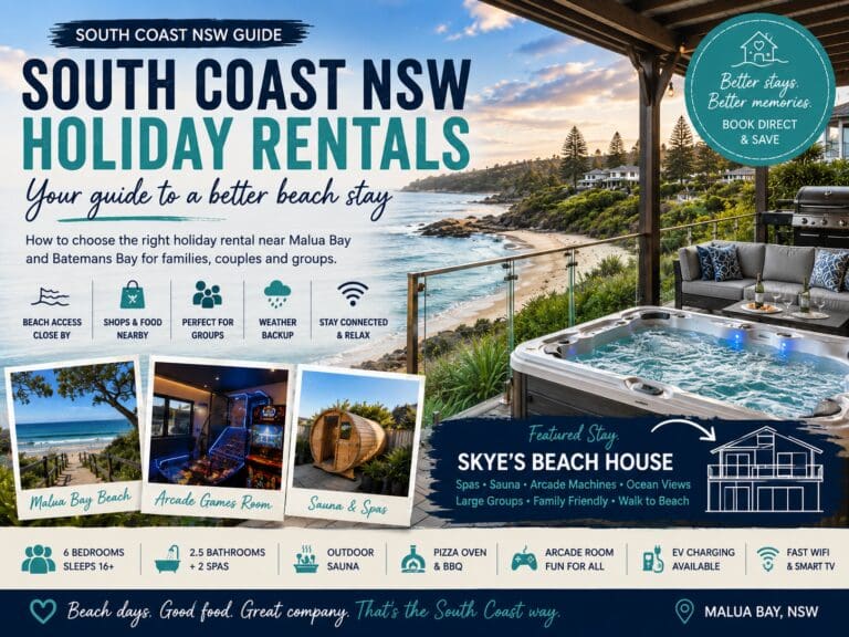 South Coast NSW holiday rentals guide featuring Malua Bay beach, coastal accommodation planning and Skye’s Beach House as a group-friendly beach stay.
