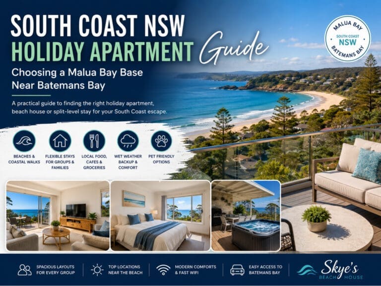 Featured image for a South Coast NSW holiday apartment guide, showing Malua Bay coastline and flexible beach-house accommodation near Batemans Bay.