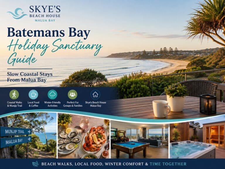 Featured image for a Batemans Bay holiday sanctuary guide, showing a calm South Coast beach-house escape near Malua Bay with coastal walking and winter slow-stay cues.