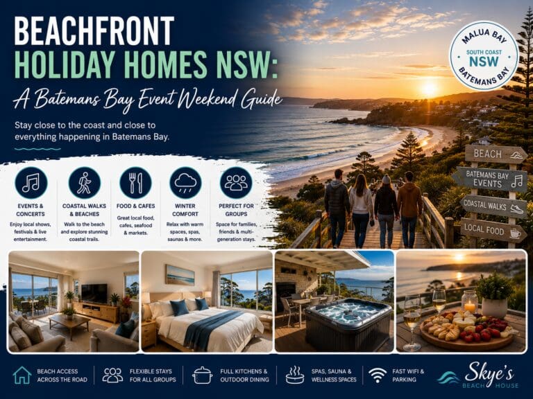 Featured image for a Batemans Bay event weekend guide about beachfront and beach-close holiday homes in NSW, showing Malua Bay coastal scenery and group stay planning cues.