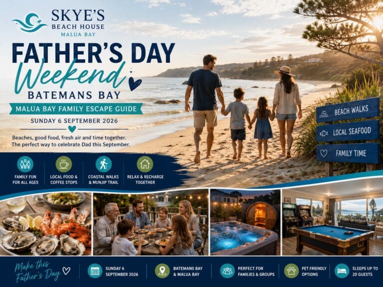 Featured image for a Father’s Day weekend guide in Batemans Bay and Malua Bay, showing a relaxed South Coast family beach escape.