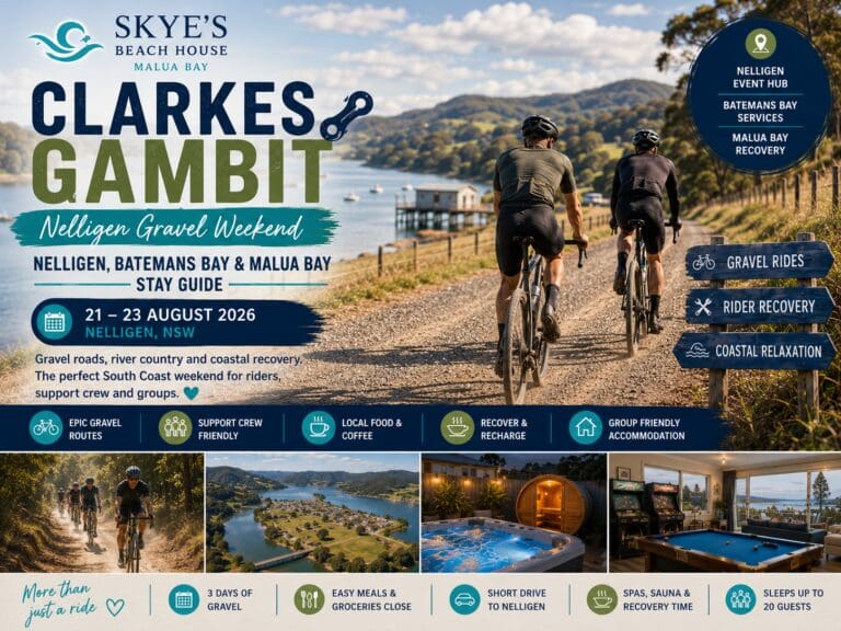 Featured image for a Clarkes Gambit 2026 accommodation guide, showing a South Coast gravel cycling weekend near Nelligen with Batemans Bay and Malua Bay recovery stay cues.