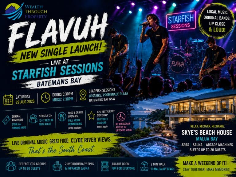 Flavuh at Starfish Sessions Batemans Bay weekend guide with live original music, Clyde River nightlife and a Malua Bay coastal stay.