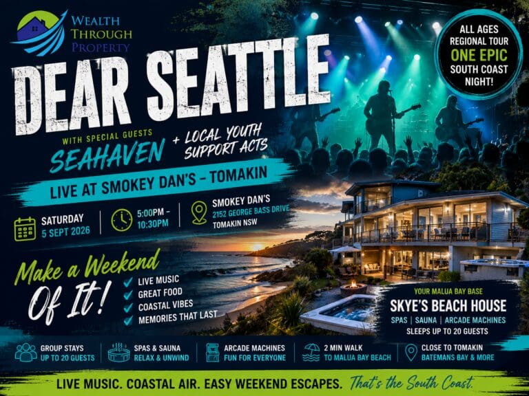 Dear Seattle at Smokey Dan’s Tomakin weekend guide with live rock music, South Coast scenery and a Malua Bay coastal stay.