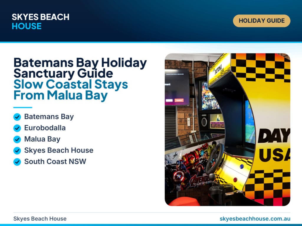 Featured image for a Batemans Bay holiday sanctuary guide, showing a calm South Coast beach-house escape near Malua Bay with coastal walking and winter slow-stay cues.