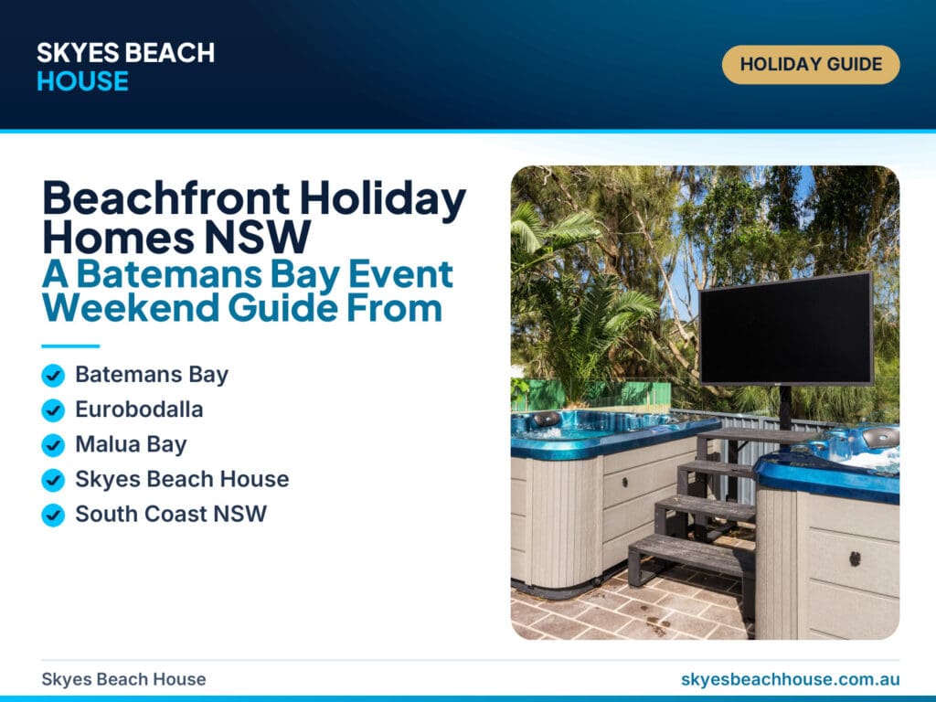 Featured image for a Batemans Bay event weekend guide about beachfront and beach-close holiday homes in NSW, showing Malua Bay coastal scenery and group stay planning cues.