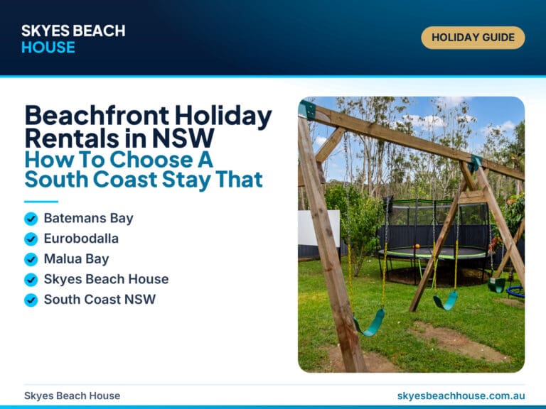 Featured image for a NSW beachfront holiday rentals guide, showing a South Coast beach setting with a premium beachside holiday home near Malua Bay.