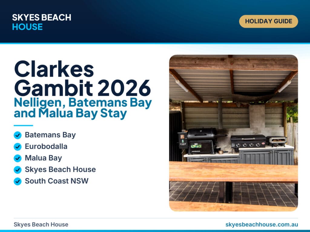 Featured image for a Clarkes Gambit 2026 accommodation guide, showing a South Coast gravel cycling weekend near Nelligen with Batemans Bay and Malua Bay recovery stay cues.