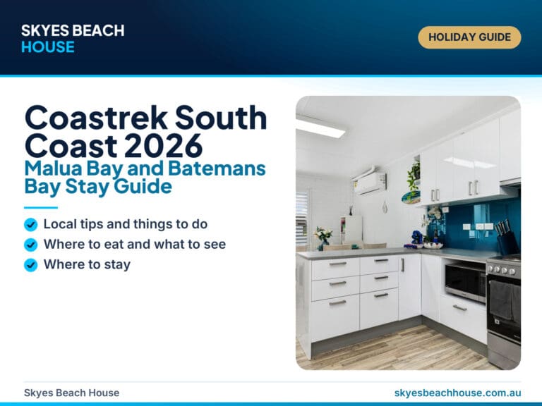 Featured image for a Coastrek South Coast 2026 accommodation guide, showing a premium Malua Bay coastal walking event style with beach-house recovery cues.