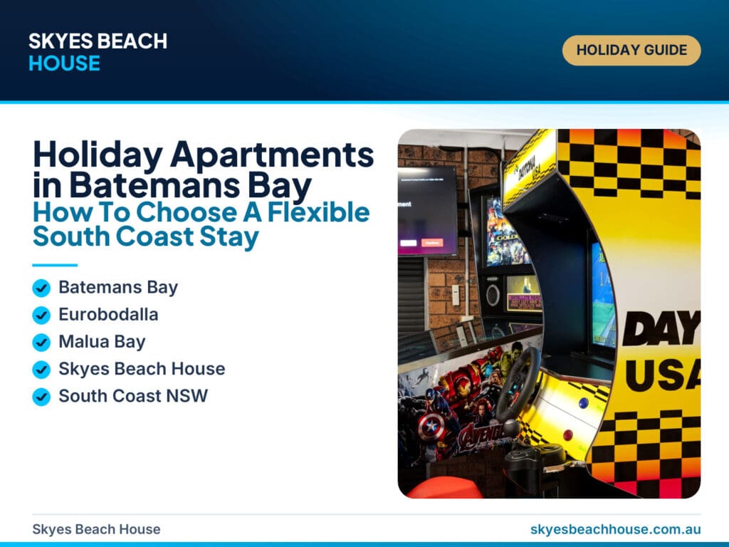 Featured image for a Batemans Bay holiday apartments guide, showing a South Coast beach setting with flexible accommodation and Skyes Beach House as a featured Malua Bay stay.
