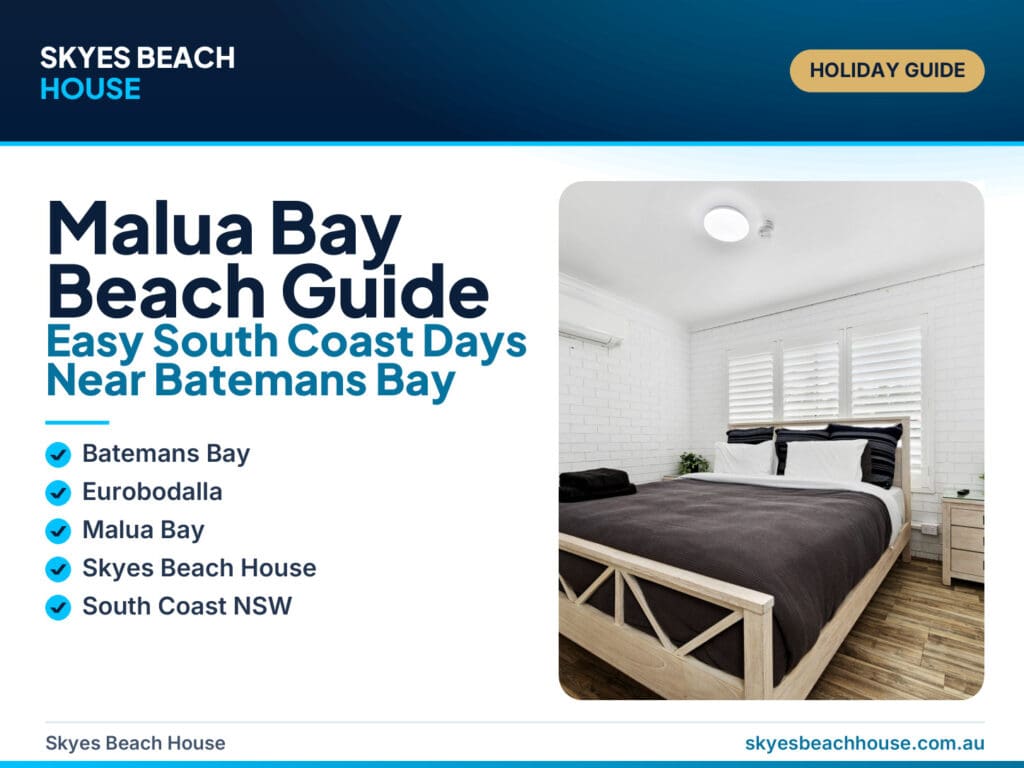 Featured image for a Malua Bay Beach guide near Batemans Bay, showing a premium South Coast beach holiday style with Skyes Beach House positioned as the featured stay.