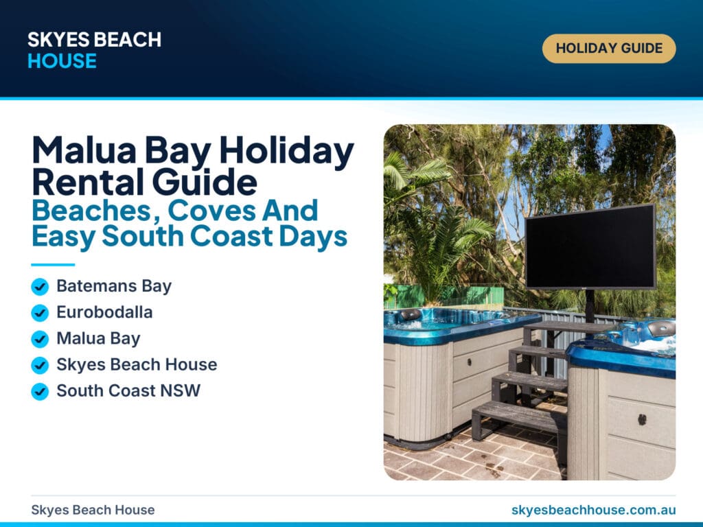 Malua Bay holiday rental guide showing South Coast beach scenery, protected coves and Skyes Beach House as a coastal base near Batemans Bay.