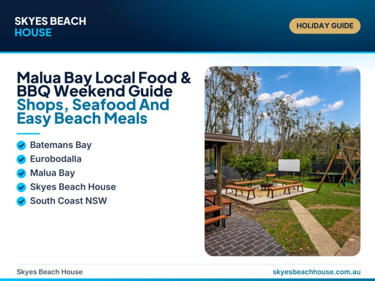 Featured image for a Malua Bay local food and BBQ weekend guide, showing South Coast beach views, local seafood, picnic food, BBQ meals and Skyes Beach House.