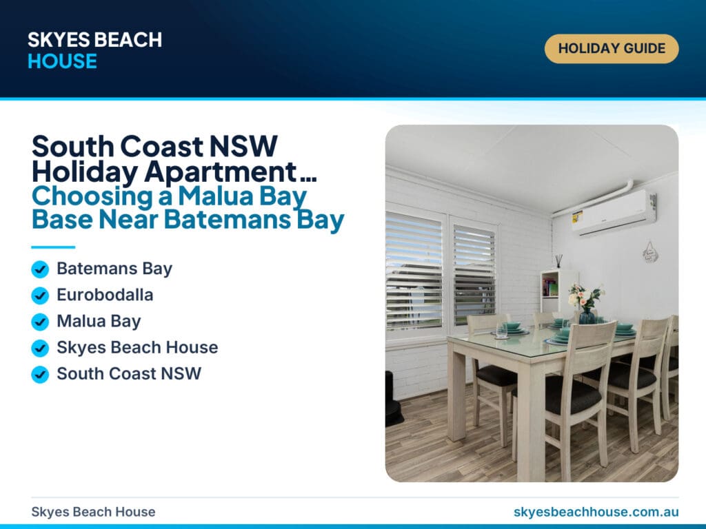 Featured image for a South Coast NSW holiday apartment guide, showing Malua Bay coastline and flexible beach-house accommodation near Batemans Bay.